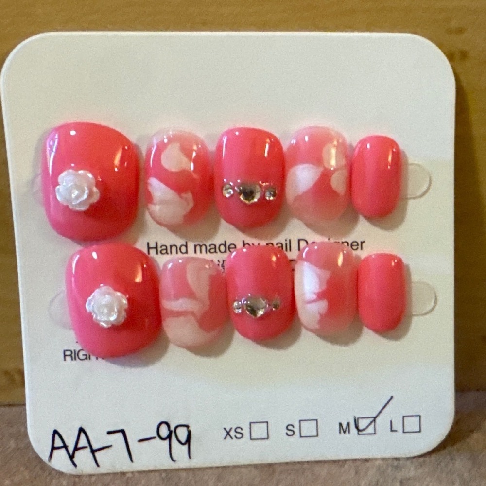 Pink Marble Press On Nails with 3D Rose and Rhinestones Medium Size M
